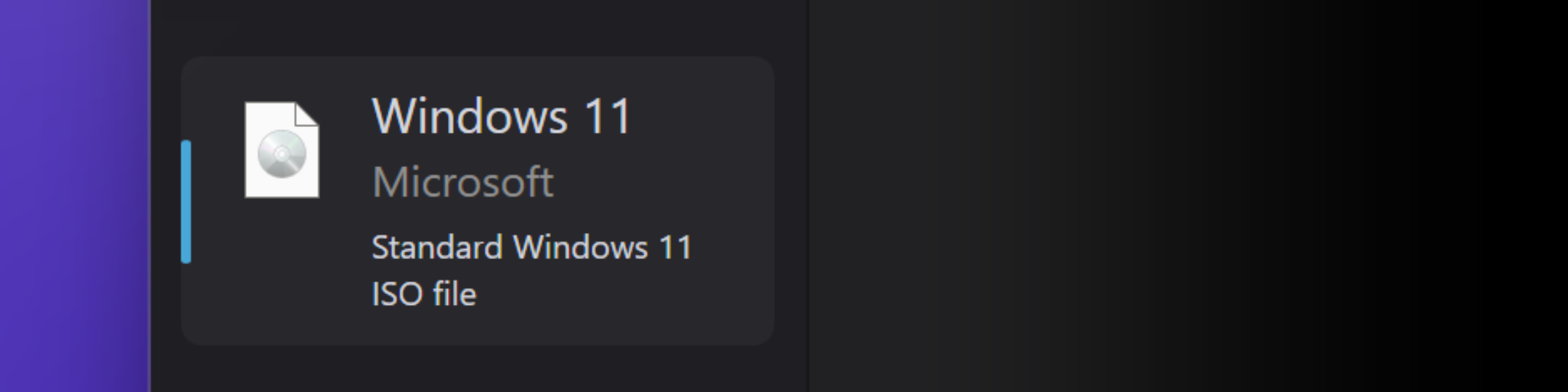 Screenshot showing an ISO in the sidebar of AME Beta (dark mode)